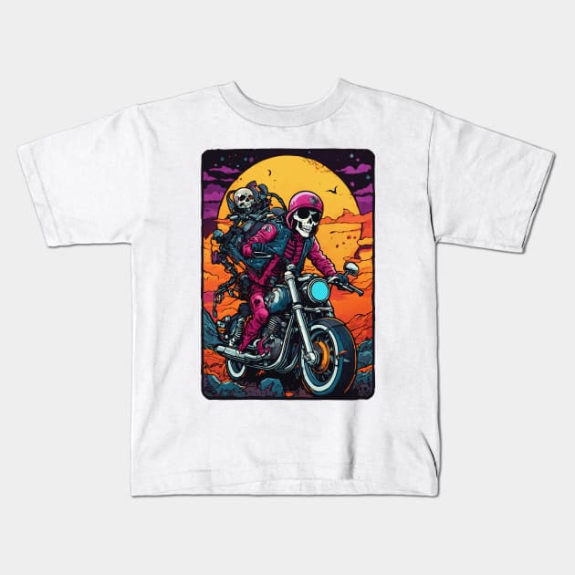 Mysterious Motorbiker of the Night Kids T-Shirt by Rain Of Colors